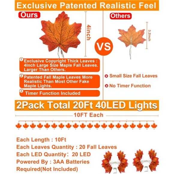 Battery Operated Fall String Lights 40 LED Maple Leaf Garland Thanksgiving Decor - Picture 2 of 7